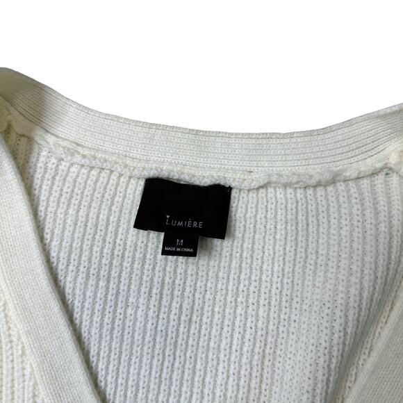 Lumiere Cream Chunky Cable Knit V-Neck Lace Up Sweater Size Medium - Picture 3 of 4